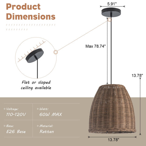Farmhouse Rattan Pendant Lighting 11.81 Inch Woven Wicker Ceiling Fixture with dimensions and voltage details