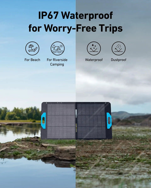 Beast 100W Foldable Portable Solar Panel Charger With Adjustable Kickstand IP67 Waterproof by a riverside.