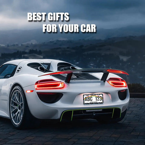 Rear view of a white sports car with a Floral Blue Flowers License Plate Frame Stainless Steel Durable Car Decor.
