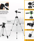 Green Beam Self Leveling Laser Level With 65 Ft Range Tripod Included Cross Line Projection For Precise Picture Hanging And Home Renovation LED Indicator 31.5 Inch Tripod Uses 2 AA Batteries showing tripod features and dimensions.