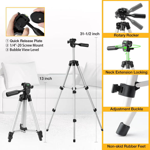 Green Beam Self Leveling Laser Level With 65 Ft Range Tripod Included Cross Line Projection For Precise Picture Hanging And Home Renovation LED Indicator 31.5 Inch Tripod Uses 2 AA Batteries showing tripod features and dimensions.