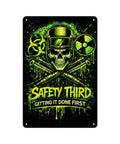 Safety Third Aluminum Sign 8x12 Vertical Poster Built Tough Rustproof Metal Art For Man Cave Decor, skull with welding helmet image.