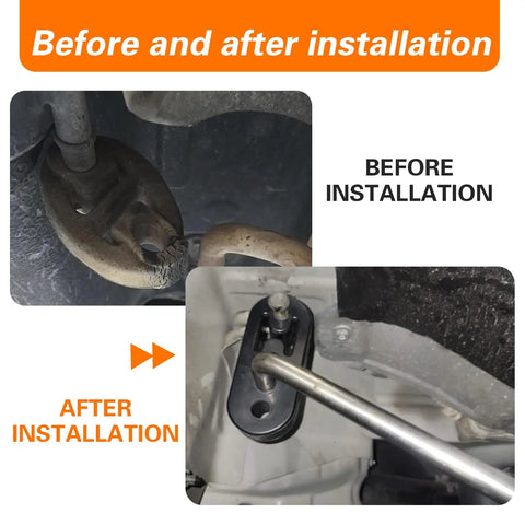 Comparison of old vs new 2 Pack Universal Exhaust Rubber Hangers With Four Hole Adjustable Brackets under vehicle installation