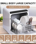 No Sweat Plug And Play Countertop Dishwasher With Heated Dry Mode And Dual Spray Arms Self Contained 5 Liter Tank loaded with plates and baby bottles.