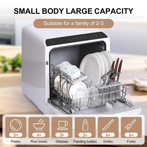 No Sweat Plug And Play Countertop Dishwasher With Heated Dry Mode And Dual Spray Arms Self Contained 5 Liter Tank loaded with plates and baby bottles.