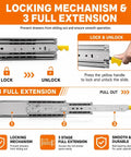 Beefy Locking Drawer Slides 500 Lb Capacity Side Mount Runner Pair showing locking mechanism and full extension