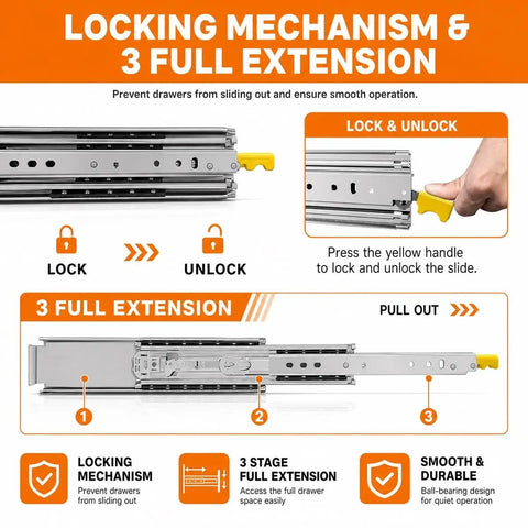 Beefy Locking Drawer Slides 500 Lb Capacity Side Mount Runner Pair showing locking mechanism and full extension