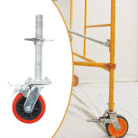 Battle Ready Six Inch Scaffold Casters With Solid Iron Rod And Premium Polypropylene Shell shown attached to scaffolding.