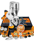 All In One Snap Fastener Kit With Quick Install Tool For DIY Leather Sewing Tarps And Canvas Repairs 300 Boat Cover Snaps And 80 Sets In Four Colors Silver Black Bronze Gold shown with snaps and tool.