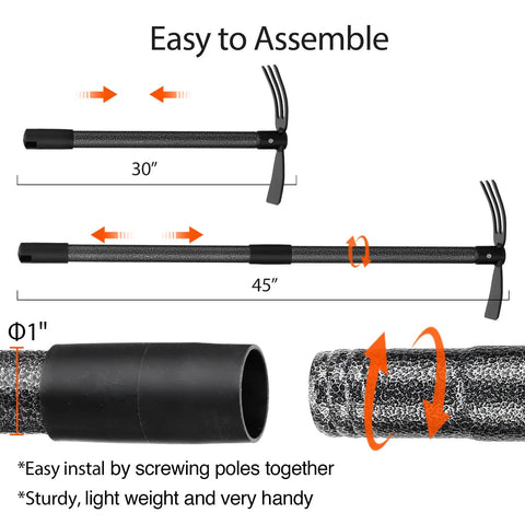 Diagram showing assembly of Beefy Heavy Duty Garden Hoe And Cultivator with adjustable handle extending from 30 to 45 inches.