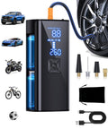Portable Tire Inflator Air Compressor With 2X Faster 150 PSI Inflation Cordless Pump Led Light Digital Pressure Gauge For Cars Bikes Motorcycles And Sports Balls showing accessories