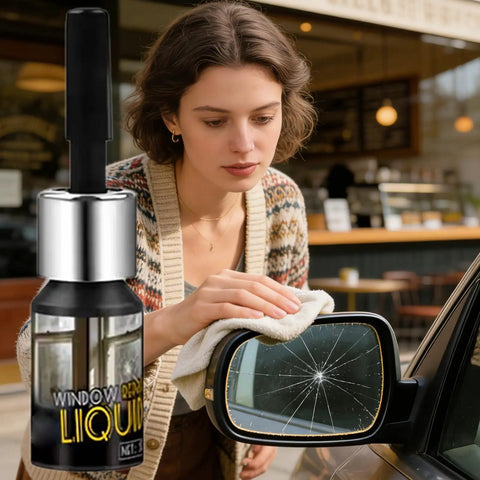 Fast Dry Glass Repair Liquid 5ml Nano Tech Crack Filler used for windshield crack repair on a car side mirror by a woman.