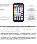Remote control for Dual Color 20W Fiber Optic Starlight Headliner Kit with labeled buttons for mode, color, and sound activation.