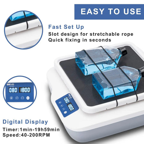 Digital Orbital Shaker With Adjustable Speed From 40 To 200 RPM And 2 Kg Capacity with bottles on platform and LCD display