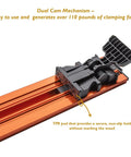 Top Shelf 50 Inch Aluminum Straight Edge Cut Guide For Circular Saw Router And Jigsaw With Dead On Quick Lock Clamp close-up of dual cam mechanism