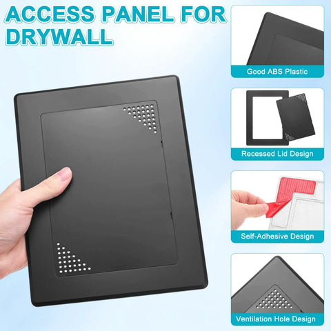 Real Deal Two Pack Drywall Access Panels For Your Home Base, Self Adhesive Plastic Wall Covers made from black ABS plastic, recessed lid design.