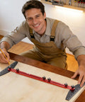 Heavy Duty Adjustable Stair Tread Gauge Template Tool 10 To 67 Inch Precision Aluminum Measuring Jig in use by a smiling man.