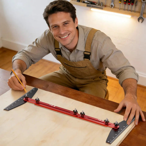 Heavy Duty Adjustable Stair Tread Gauge Template Tool 10 To 67 Inch Precision Aluminum Measuring Jig in use by a smiling man.