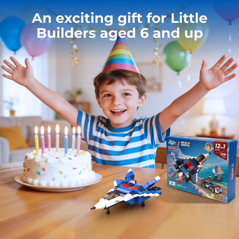 Child with birthday cake and 12-In-1 STEM Building Blocks Kit Ages 4 To 8 139 Pieces Fighter Jet Model, smiling and joyful