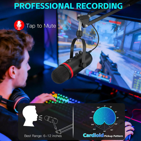 Beast Podcast Microphone For PC, Mac, And iPhone with boom arm, RGB lighting, in gaming setup, user playing video game