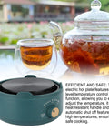 Electric Countertop Single Burner Hot Plate No Fuss Easy Setup For Home Use With 360 Degree Full Plate Heating Auto Shutoff Easy Temperature Control Stainless Steel Turkish Coffee Pot Compatible Dark Green Ceramic Finish next to glass teapot