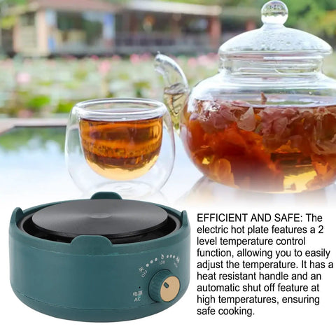 Electric Countertop Single Burner Hot Plate No Fuss Easy Setup For Home Use With 360 Degree Full Plate Heating Auto Shutoff Easy Temperature Control Stainless Steel Turkish Coffee Pot Compatible Dark Green Ceramic Finish next to glass teapot