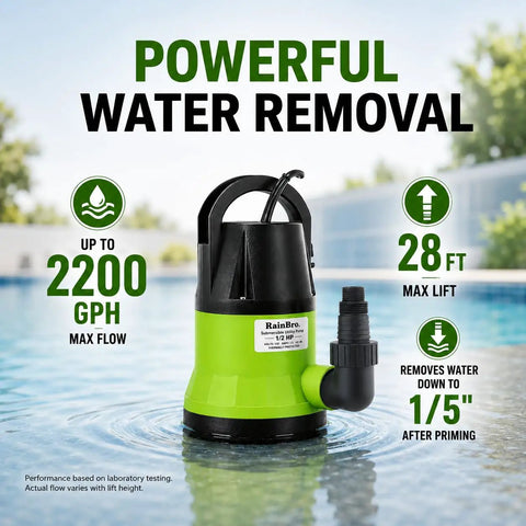 Heavy Duty Submersible Sump Pump Crafted For Rapid Pool Draining And Quick Flood Pickup Half Horsepower Engine in water.