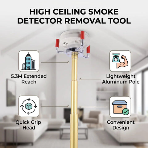 High ceiling smoke detector removal tool with 5.3 meter reach, lightweight aluminum pole, and quick grip head.
