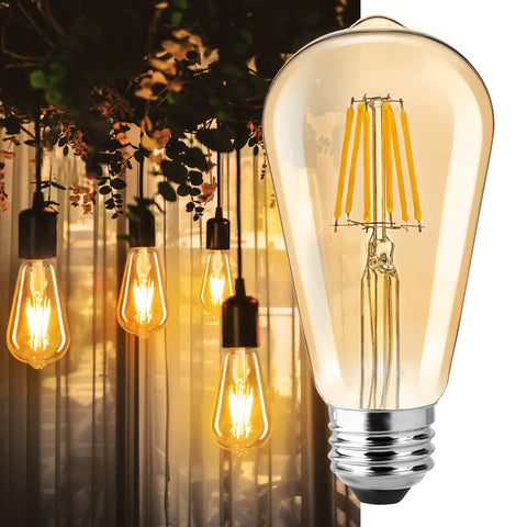 Close-up of Six Pack Vintage Style LED Edison Light Bulbs, 6W Realistic Filament, 60W Equivalent, in chandelier setting, warm light