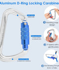 Pro Grade Arborist Tree Climbing Lanyard Heavy Duty Built To Last With Steel Core Rope Half Inch Adjustable Low Stretch Cut Resistant For Fall Protection Blue Kit With D Ring Locking Carabiner Rope Grab And Swivel Snaphook, aluminum D-ring locking carabiner with blue rotating snap design