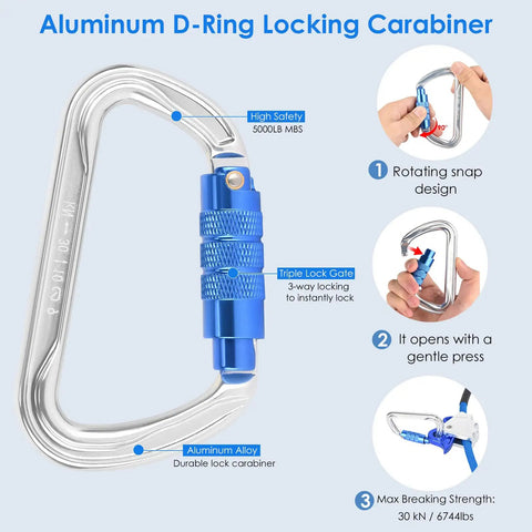 Pro Grade Arborist Tree Climbing Lanyard Heavy Duty Built To Last With Steel Core Rope Half Inch Adjustable Low Stretch Cut Resistant For Fall Protection Blue Kit With D Ring Locking Carabiner Rope Grab And Swivel Snaphook, aluminum D-ring locking carabiner with blue rotating snap design