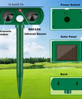 Motion Activated Solar Ultrasonic Outdoor Animal Deterrent With PIR Sensor Waterproof Yard Guard For Cats Dogs Squirrels Raccoons Skunks Rabbits Deer Foxes Humble Humane Noiseless Protection That Keeps Critters Off Your Lawn And Garden All Year. Green 38cm stake with sensor and solar panel.