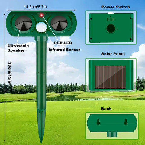 Motion Activated Solar Ultrasonic Outdoor Animal Deterrent With PIR Sensor Waterproof Yard Guard For Cats Dogs Squirrels Raccoons Skunks Rabbits Deer Foxes Humble Humane Noiseless Protection That Keeps Critters Off Your Lawn And Garden All Year. Green 38cm stake with sensor and solar panel.