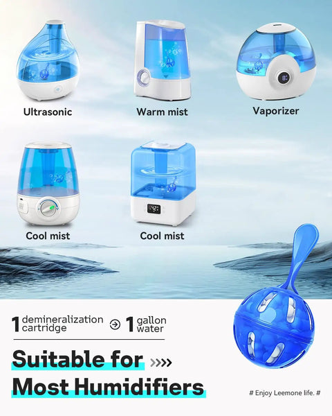 Humidifier Cleaner 12 Pack Demineralization Cleaning Balls That Work In All Humidifiers And Fish Tanks displayed with humidifiers
