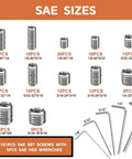 SAE sizes of 360 Piece Set Screw Kit 25 Size Metric And SAE Allen Screws For Bathroom Fixtures 304 Stainless Steel Internal Hex Drive Cup Point