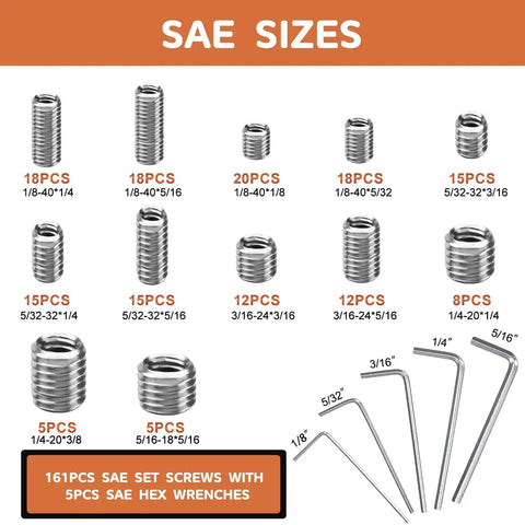 SAE sizes of 360 Piece Set Screw Kit 25 Size Metric And SAE Allen Screws For Bathroom Fixtures 304 Stainless Steel Internal Hex Drive Cup Point