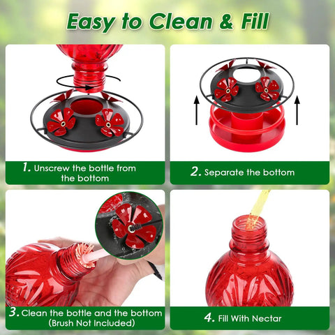 Glass Hummingbird Feeder 20oz Hanging Outdoor Bird Nectar Feeder With Four Bee Guard Flower Ports Easy Clean Steps