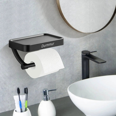 Sturdy Stainless Steel Toilet Paper Holder With Phone Shelf, Wall Mount in bathroom, matte black SUS304, near sink and mirror