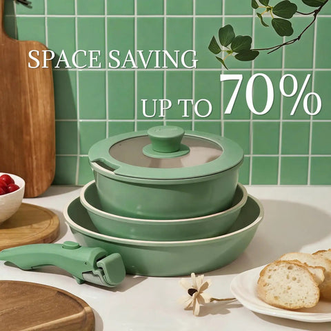 Stacked Nonstick Ceramic Cookware Set Eight Piece With Detachable Handle Induction Ready Pots and Pans, Forest Green, on counter