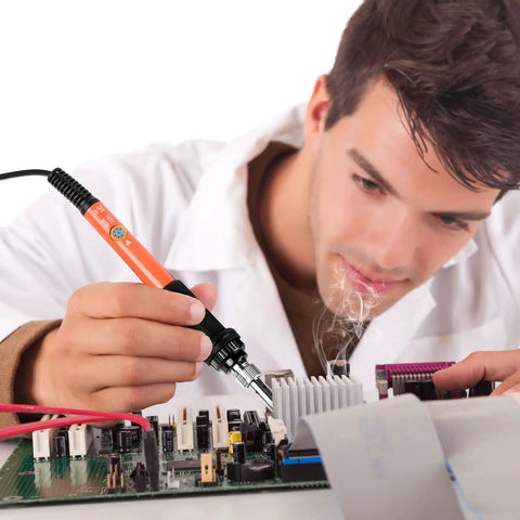 Technician using 60W 110V Adjustable Temperature Soldering Iron Pen Workhorse Pro Grade Portable Welding Tool on electronic circuit board