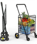 Space Savvy Shopping Cart With 360 Degree Swivel Wheels Foldable And Lightweight for groceries and laundry showing open and folded views