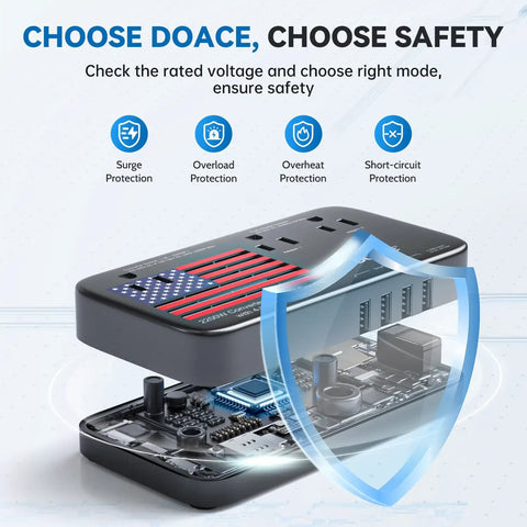 Image showing 2200W Voltage Converter For 110V Appliances Europe To US Travel Adapter with shield protection icons.