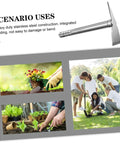 Collage showing Stainless Steel Garden Hoe Tool With Ergonomic Handle for weeding and planting in various garden settings.