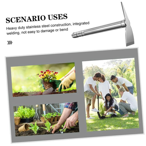 Collage showing Stainless Steel Garden Hoe Tool With Ergonomic Handle for weeding and planting in various garden settings.