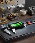 Stainless Steel Digital Caliper Delivers ±0.03 Mm Accuracy on wooden table with measurement display visible.