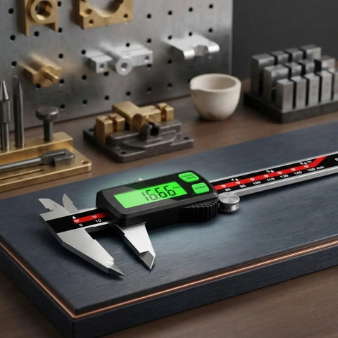 Stainless Steel Digital Caliper Delivers ±0.03 Mm Accuracy on wooden table with measurement display visible.