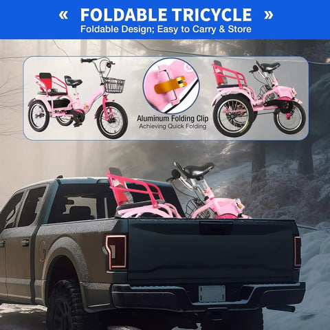 Folding Cruiser Trike for Kids Aged 2 to 10 with Dual Brakes loaded in pickup, featuring aluminum folding clip and spoke pneumatic wheels