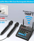 Beast 150W X2 Powered Audio Mixer with soundboard, dual wireless mics, charging, 48V phantom power, for karaoke and home studio use