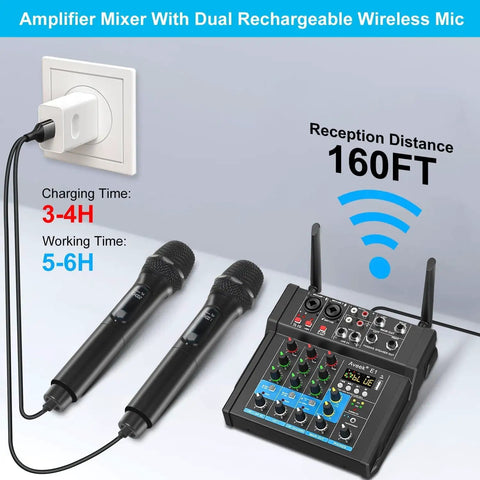 Beast 150W X2 Powered Audio Mixer with soundboard, dual wireless mics, charging, 48V phantom power, for karaoke and home studio use
