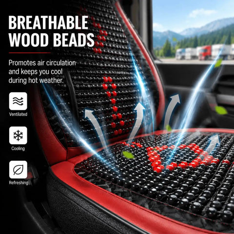 Chill Out Hot Summer Drives With These Wooden Beaded Truck Seat Cushions For Workhorse Electric Delivery Vans 2024+ Heavy Duty Cool Breathable Red Pad close-up of breathable wood beads promoting airflow.